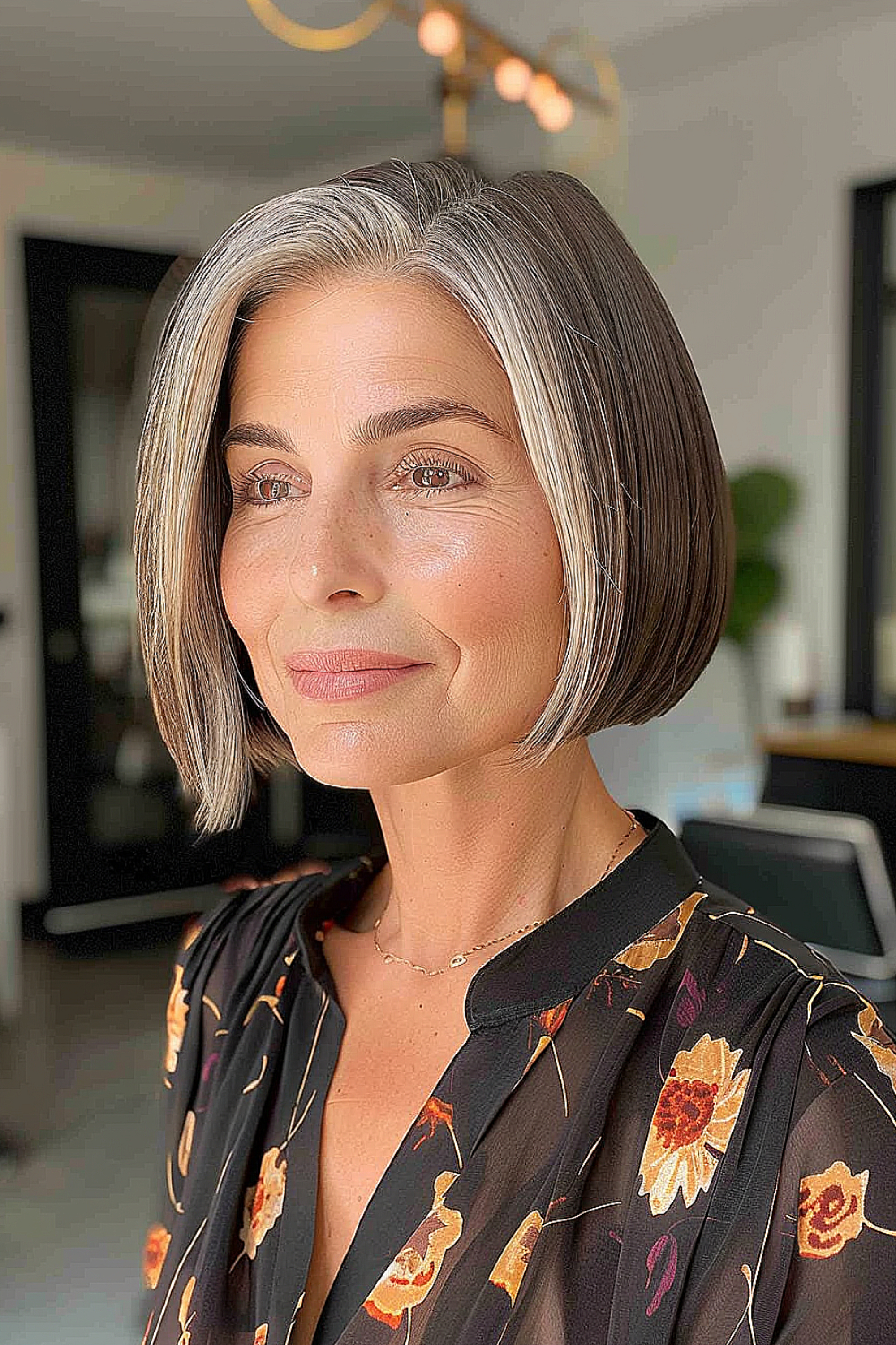 Woman with a chin-length blunt bob and natural grey streak