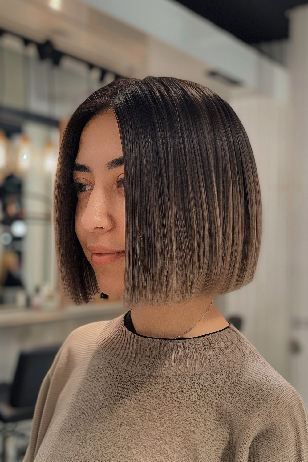 Chin-length blunt cut with ombre highlights