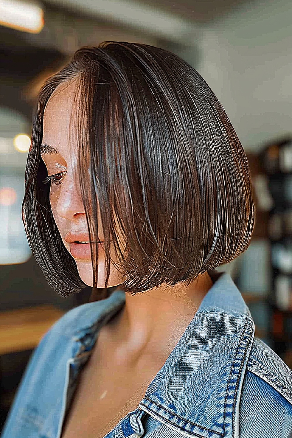 Sleek chin-length bob with blunt ends for fine hair.