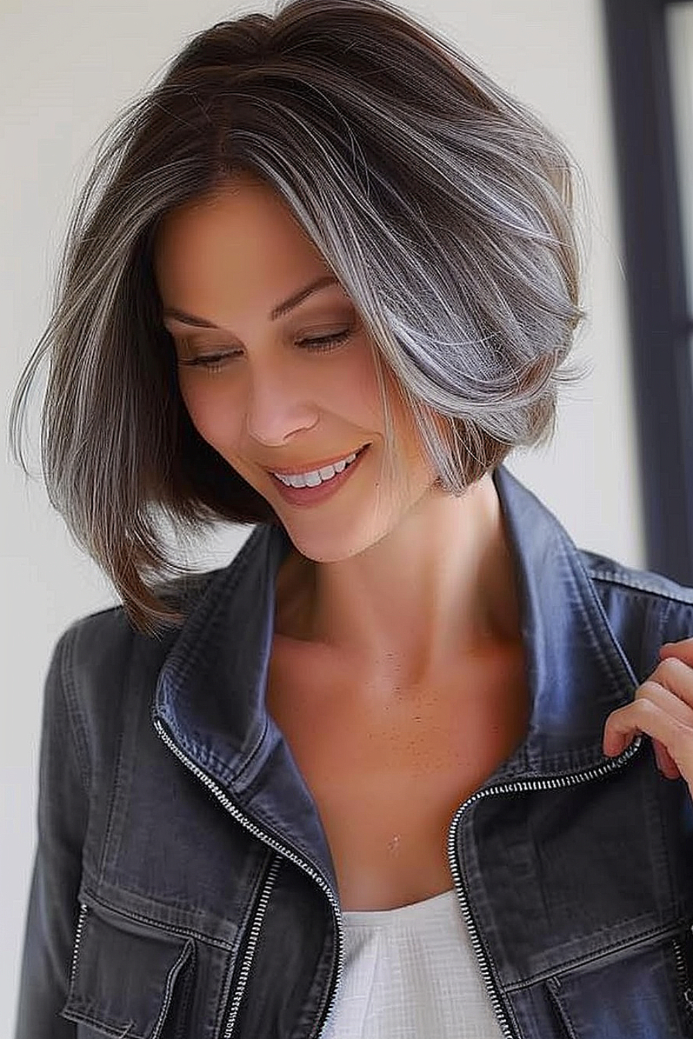 Woman with a feathered chin-length bob with ash-blonde highlights