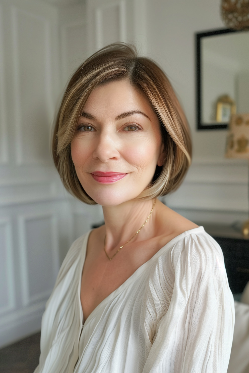 Chin-length bob with soft layers and balayage