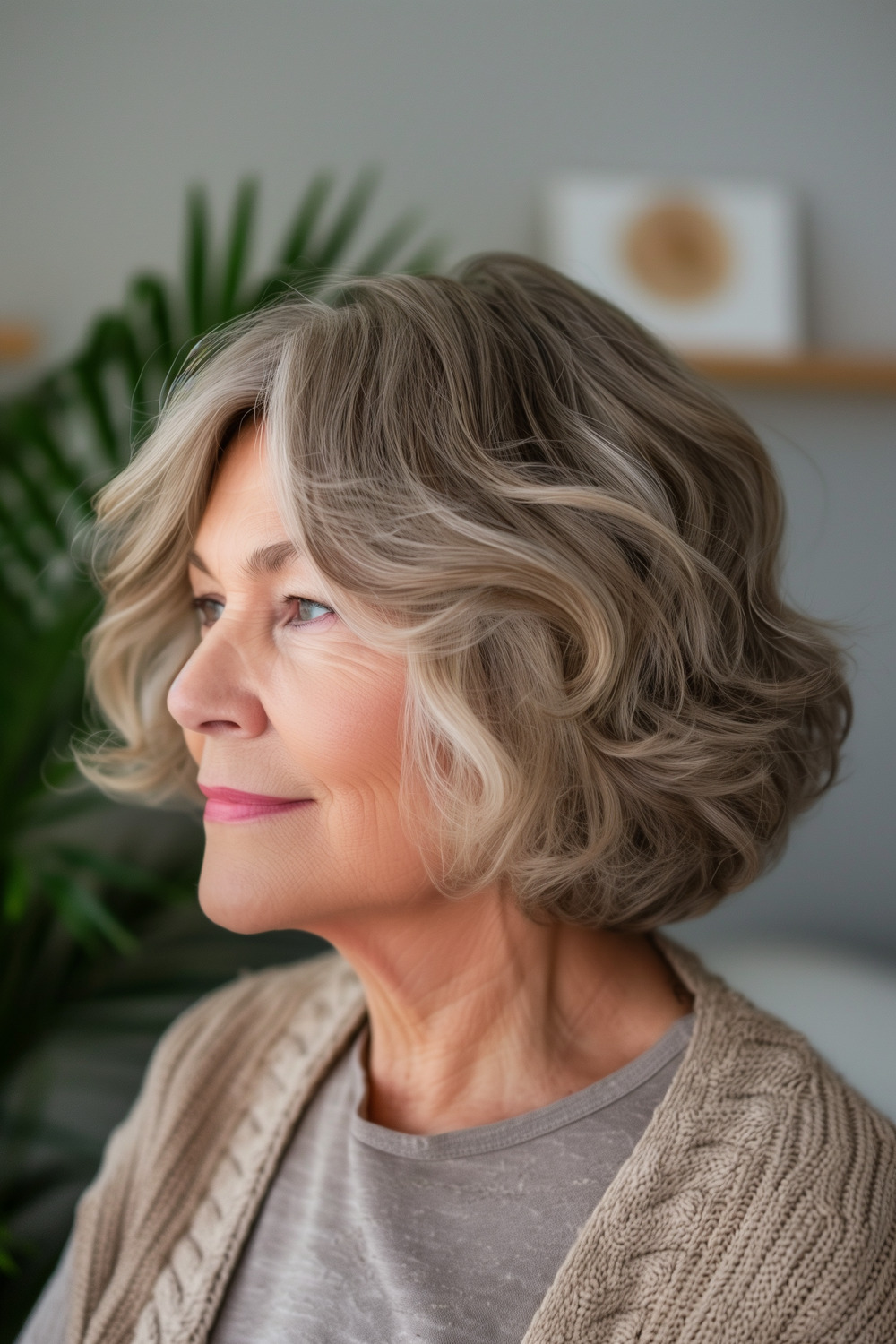 Chin-length bob with soft waves and side part for women over 60