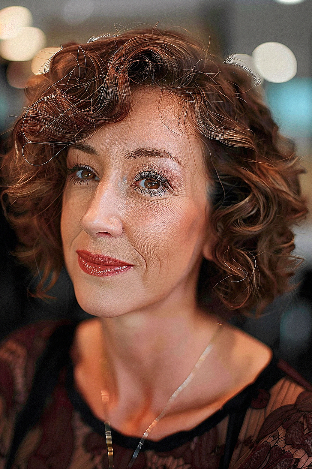 Chin-length curly bob with side bangs for women over 50