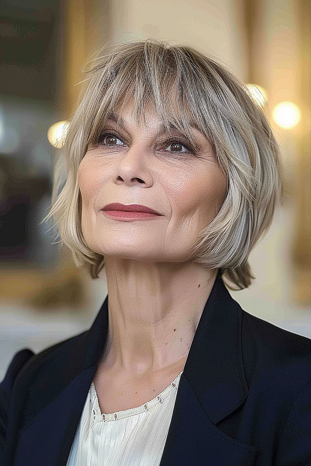 A woman with a chin-length haircut and choppy bangs