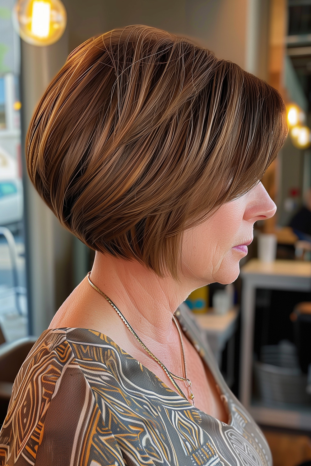 Chin-length inverted bob with baby lights