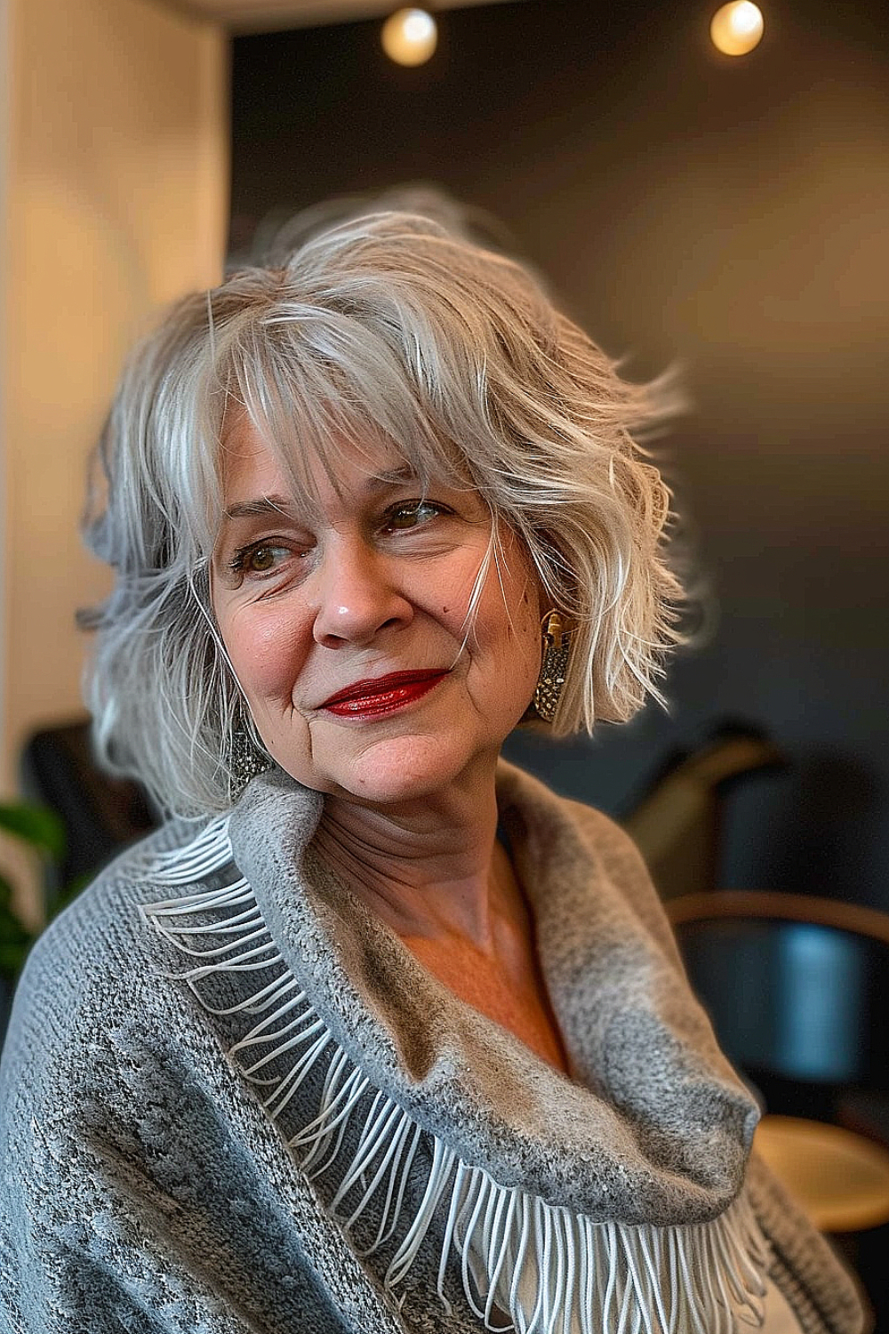 Mature woman sporting a chin-length shag haircut with dynamic layers in silver and gray tones