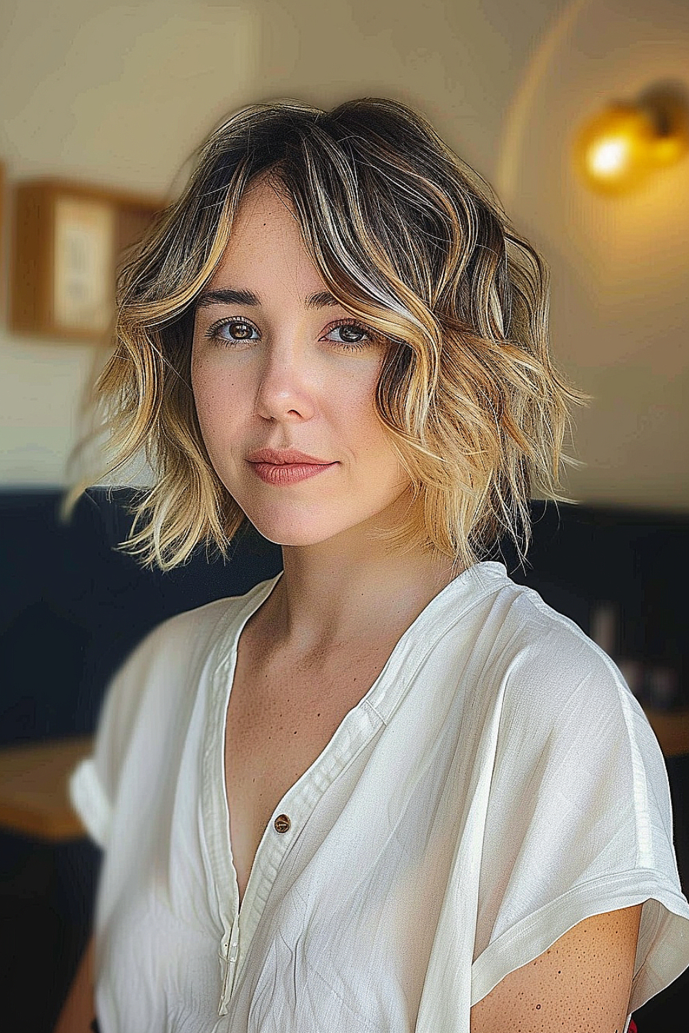 Woman with a chin-length shaggy bob highlighted with blonde tones