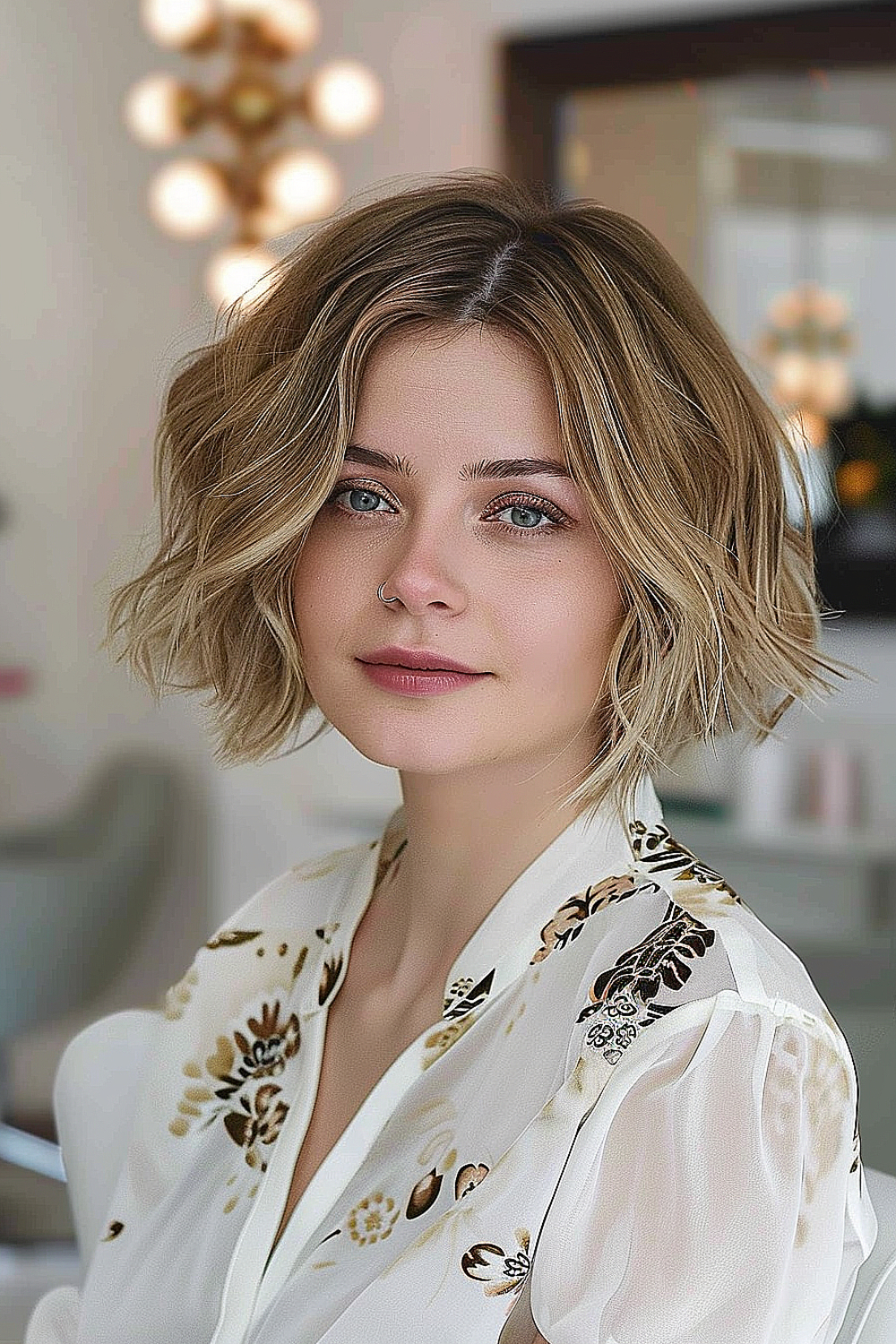 Woman with a chin-length wavy bob and center part