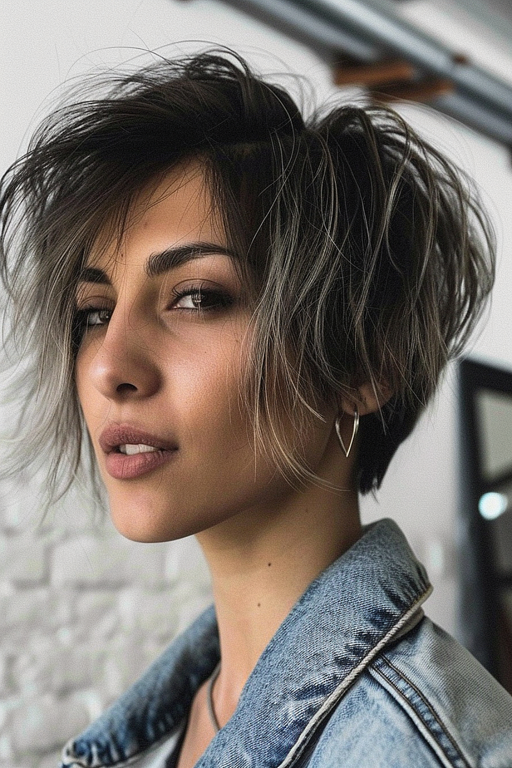 Woman with a choppy bixie haircut and sea salt texture