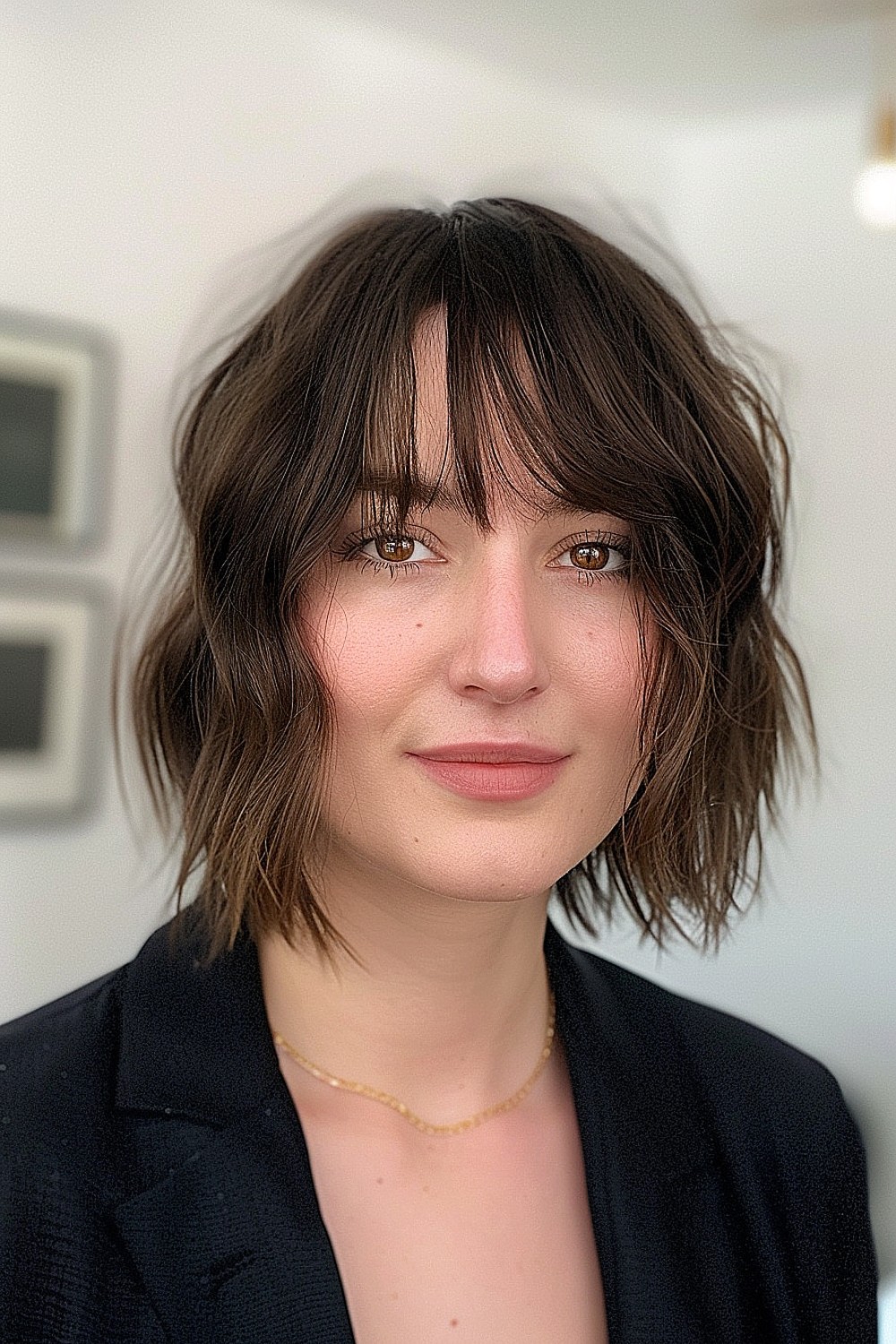 Choppy bob hairstyle with soft, wispy bangs