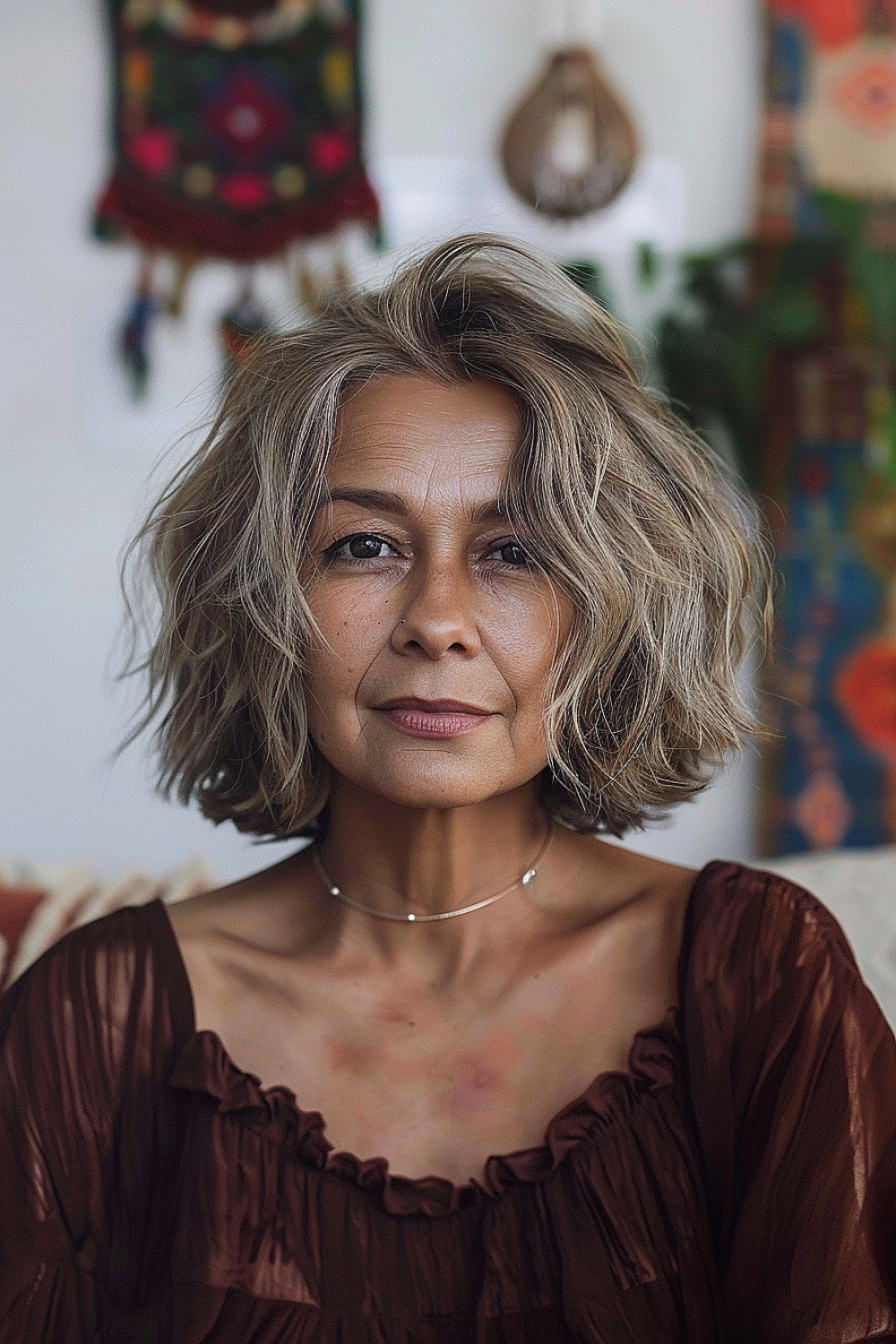 A sophisticated older woman with a tousled, choppy bob in silver and ash blonde tones.