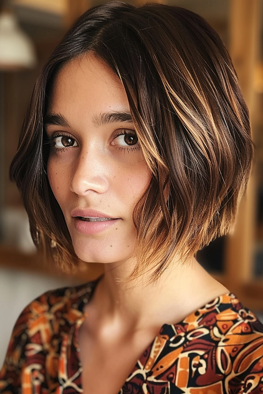 Woman with a textured choppy bob and dimensional balayage in warm caramel tones.