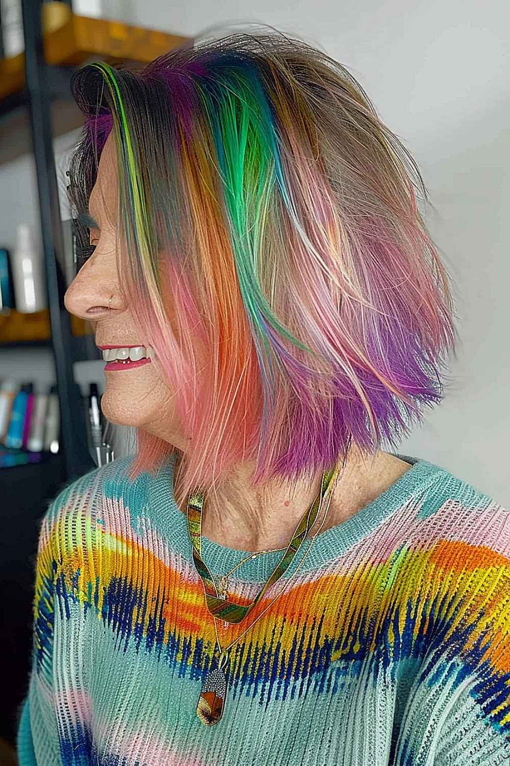 Choppy bob hairstyle with vibrant rainbow coloring