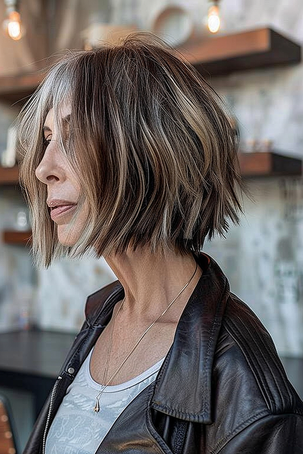 A woman sporting a choppy bob with textured ends for a modern, edgy look