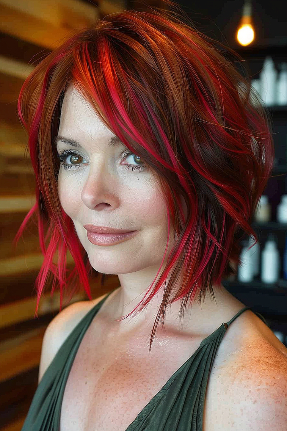 Woman with a choppy layered bob and striking red highlights