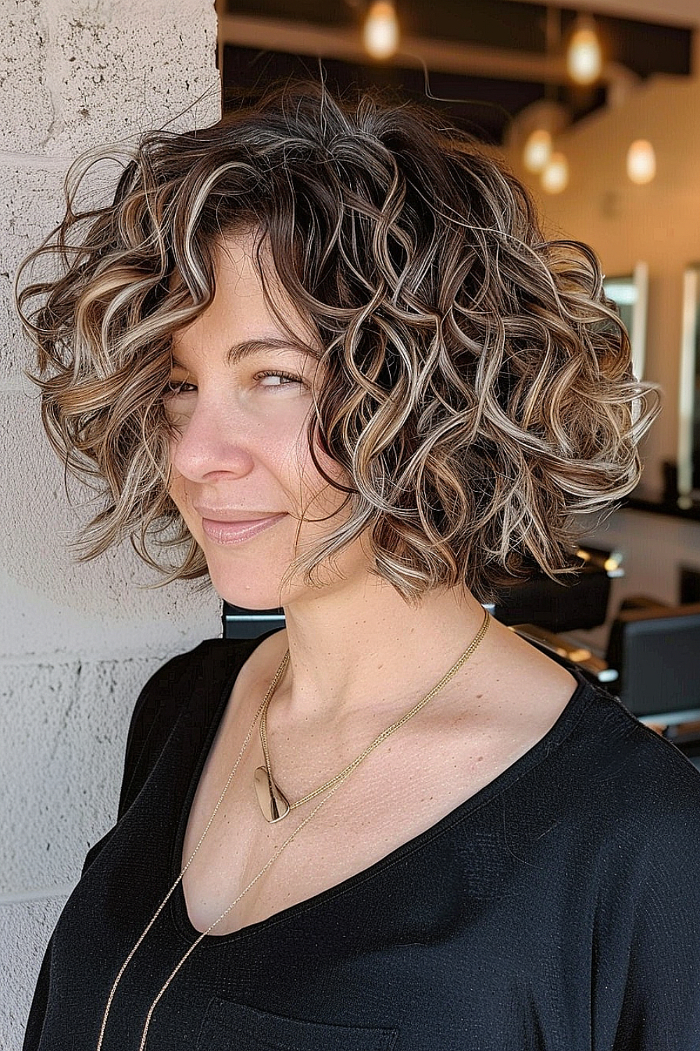 Woman with a choppy layered curly bob featuring caramel highlights