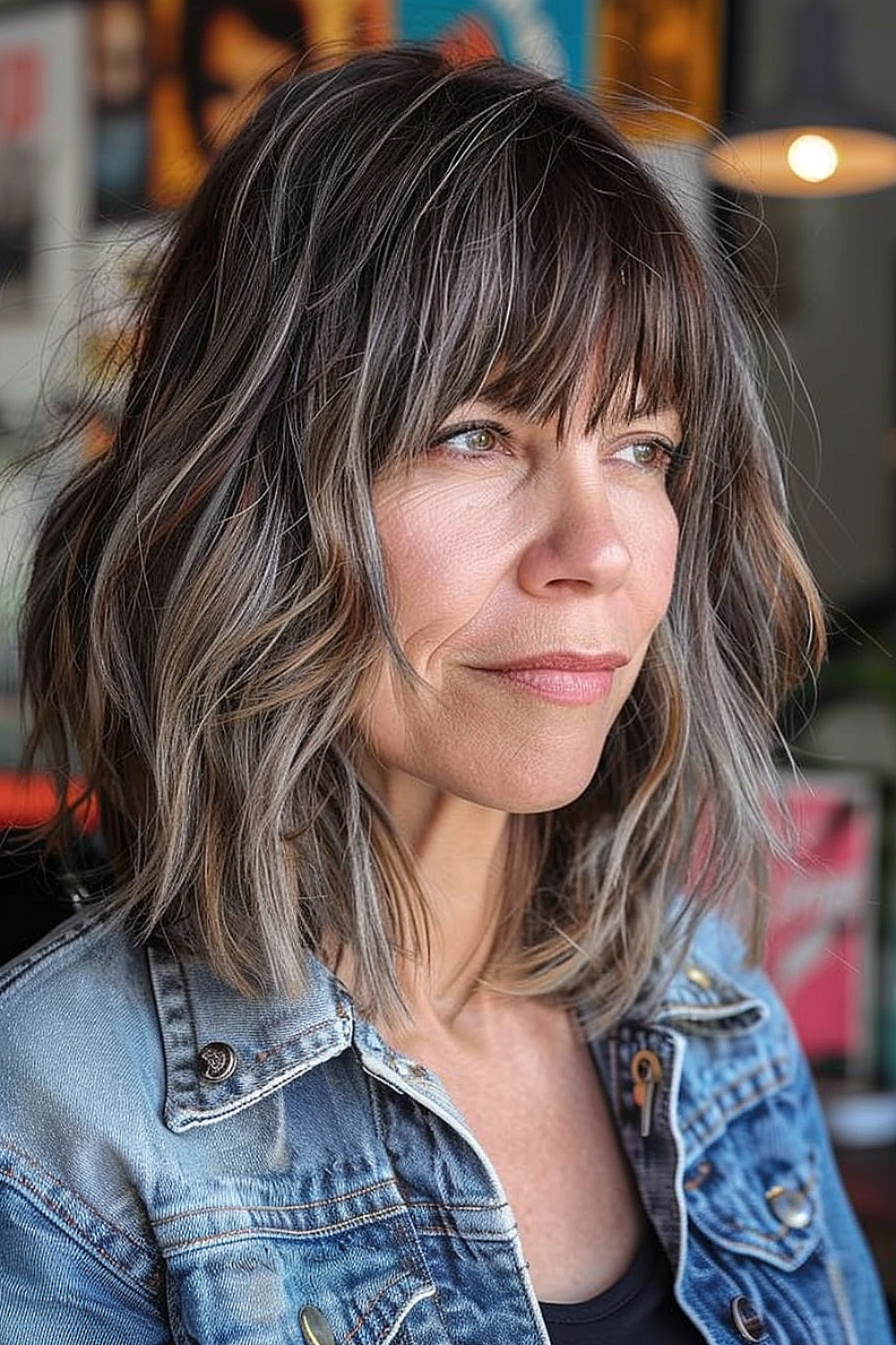 A woman with a choppy layered haircut and textured bangs