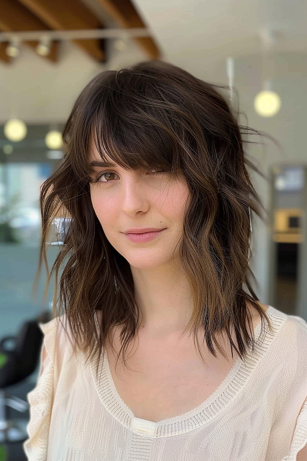 Medium length hair with choppy layers and side bangs