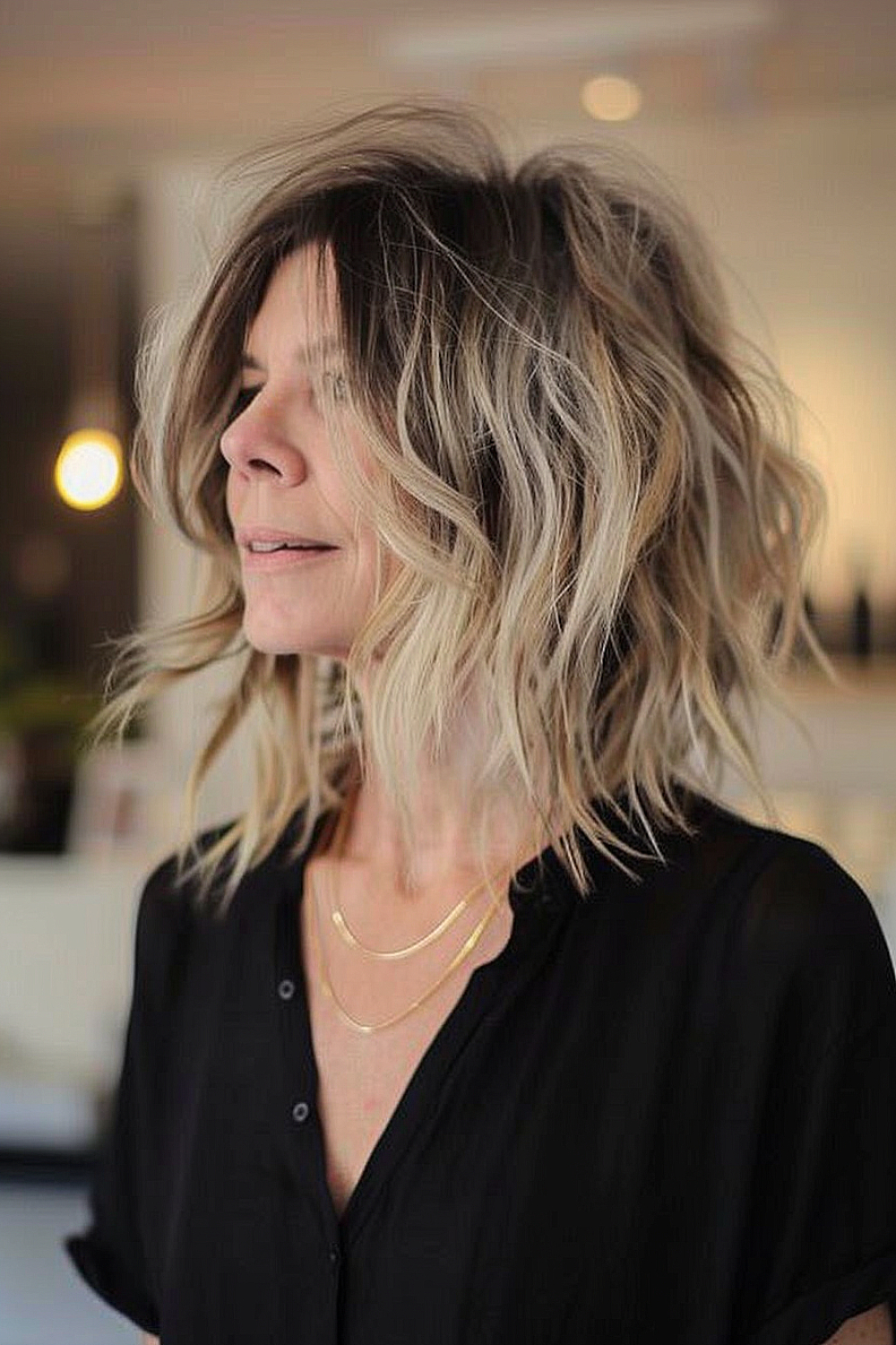 Woman with a choppy lob featuring dark roots and platinum ends for a modern, edgy look