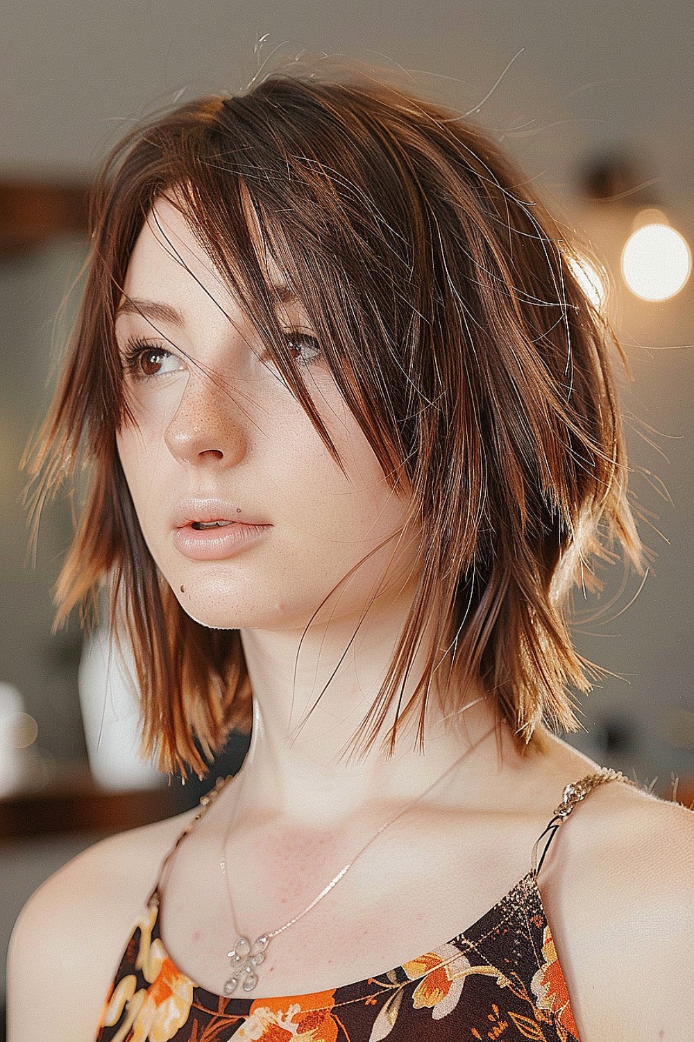 Choppy lob with uneven layers and face-framing pieces for thin hair.