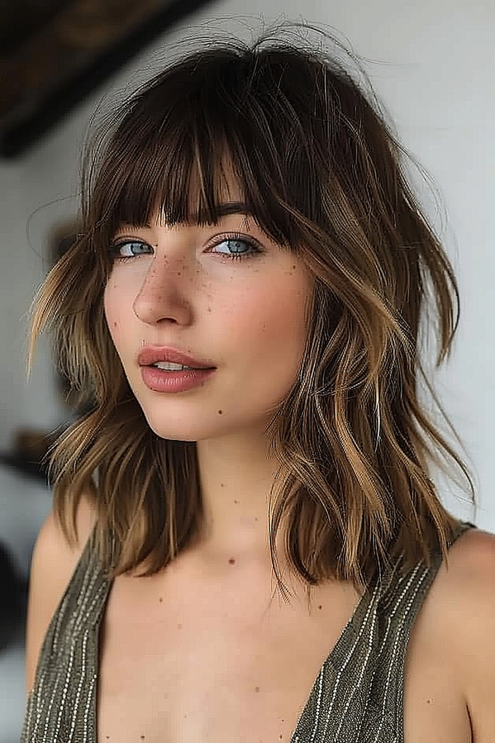 A choppy lob haircut paired with a full, straight fringe for a bold and modern look.