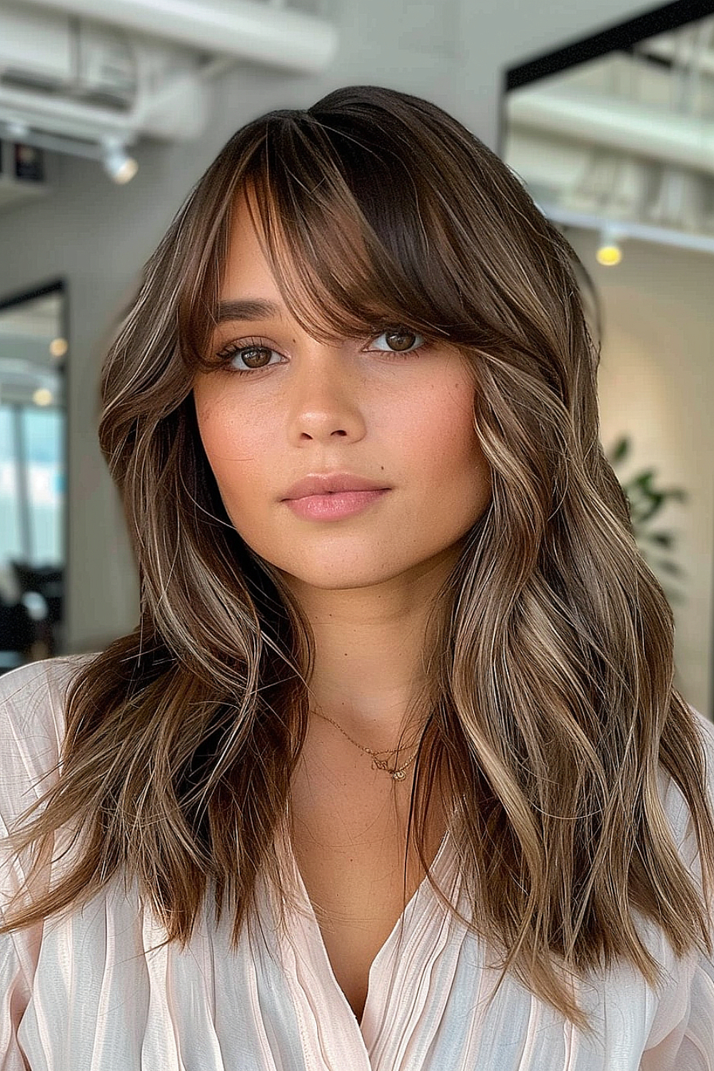 Medium length choppy hairstyle with side bangs