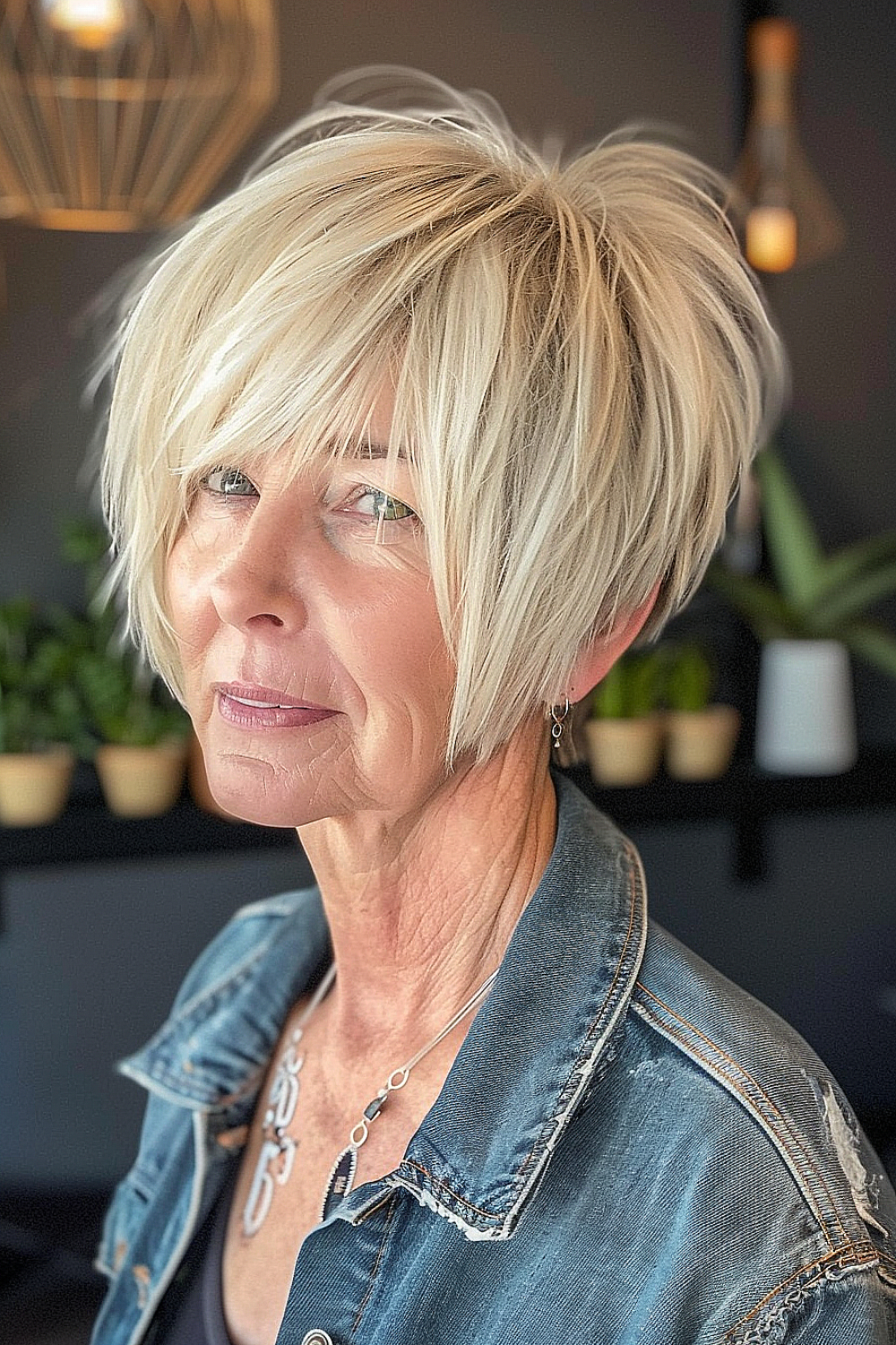 Blonde choppy pixie bob hairstyle with layers.