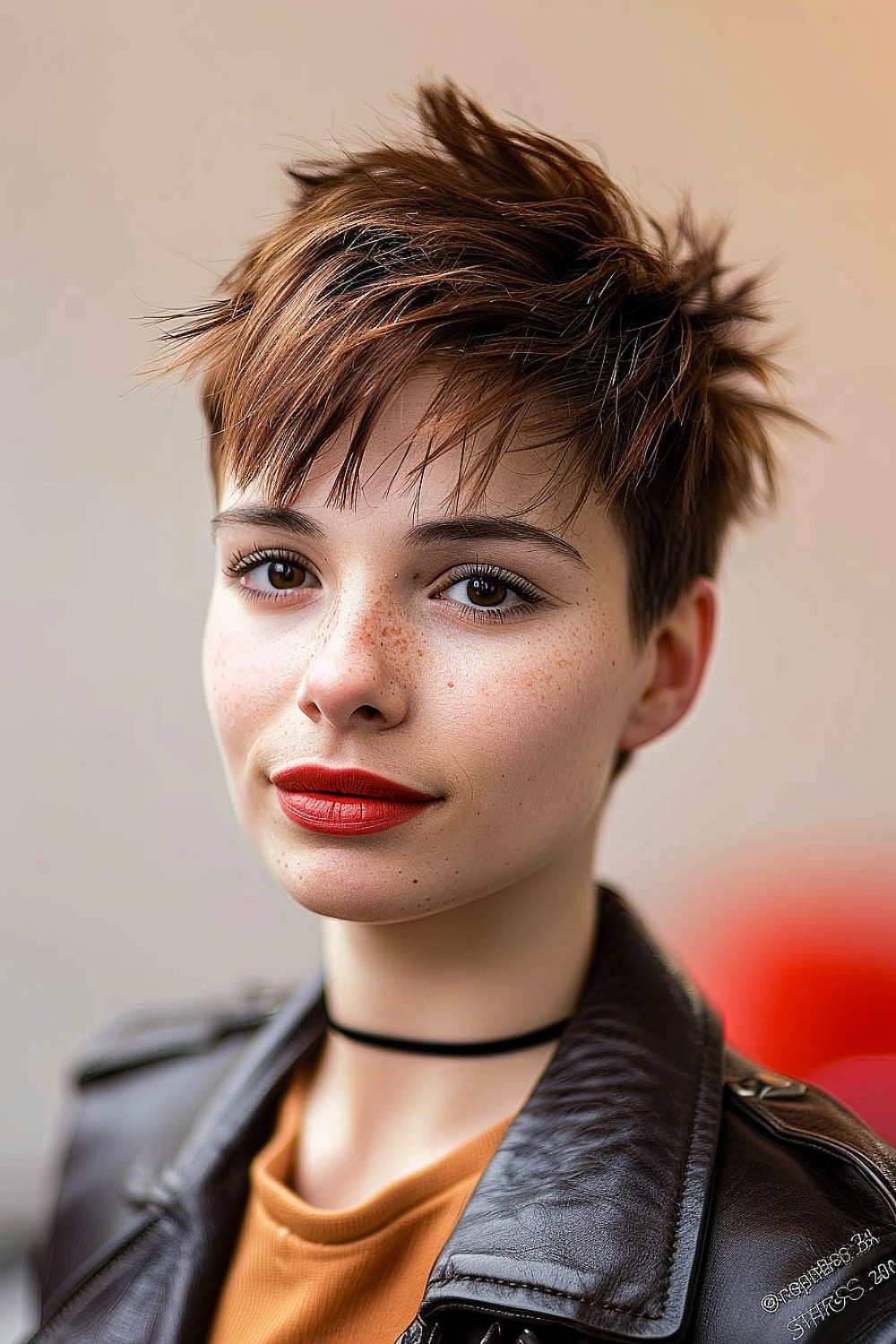 Edgy choppy pixie cut with textured layers and rich brunette color