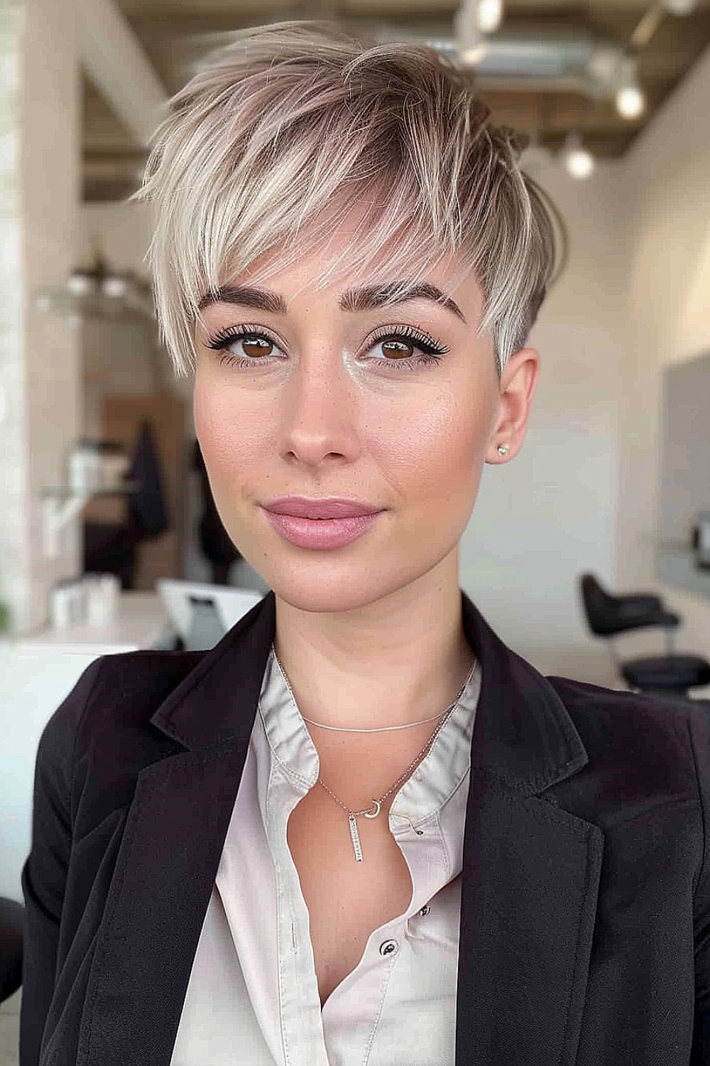 Woman with a choppy pixie cut and textured bangs in a platinum blonde shade