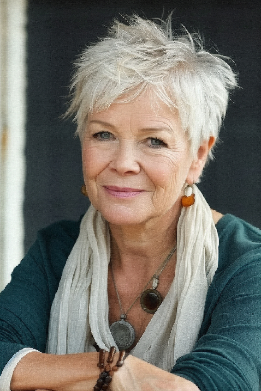 Smiling woman with a textured platinum choppy pixie cut