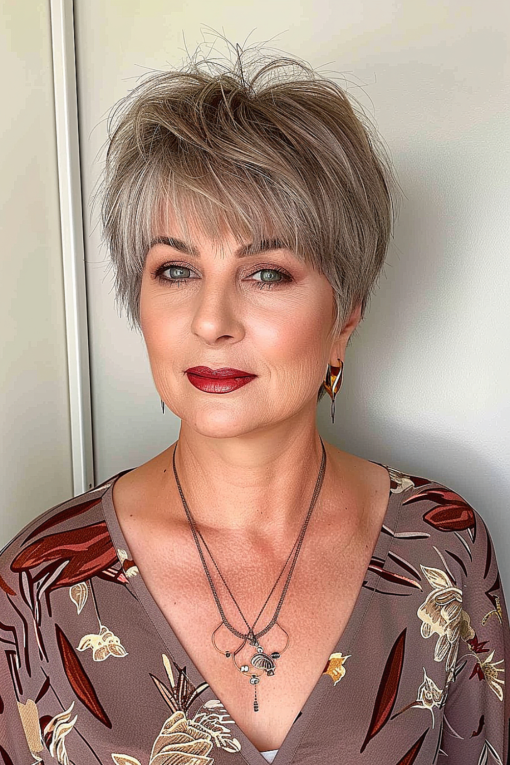 Woman with a choppy pixie cut and asymmetrical bangs in a stylish silver-gray color