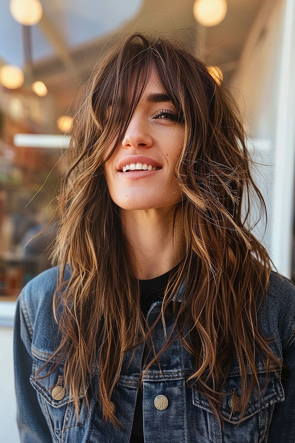 Woman with a choppy shag haircut and long curtain bangs