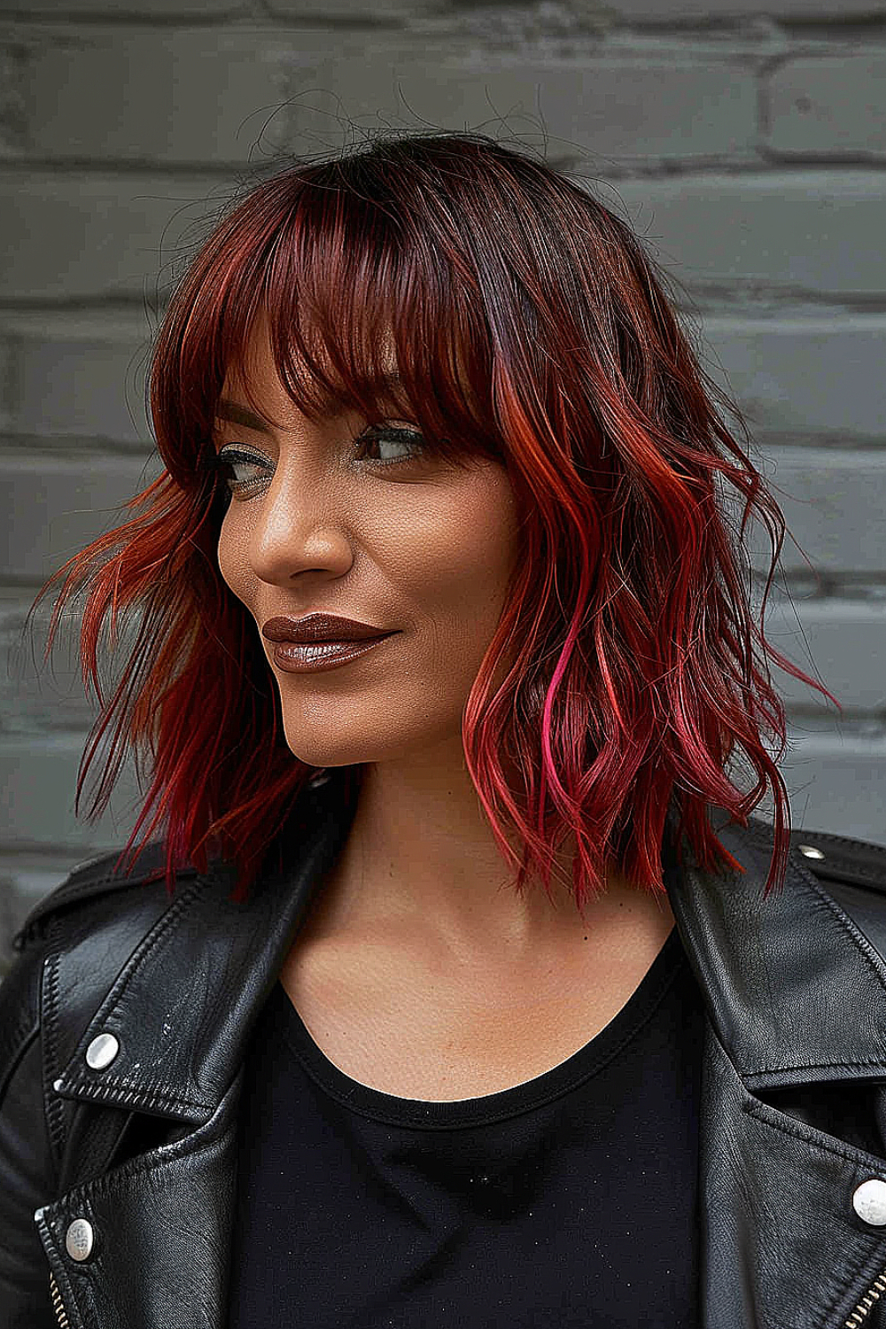 Choppy shag haircut with auburn to red ombre coloring and textured bangs