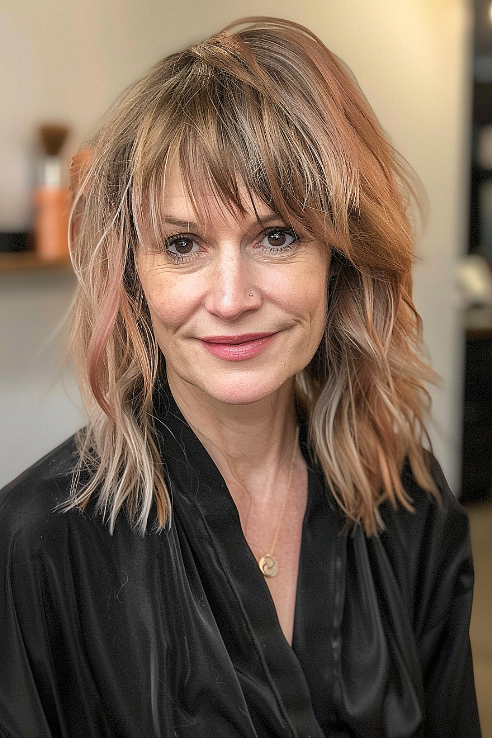 A woman with a choppy shag haircut featuring peek-a-boo bangs and a mix of blonde and brunette shades.