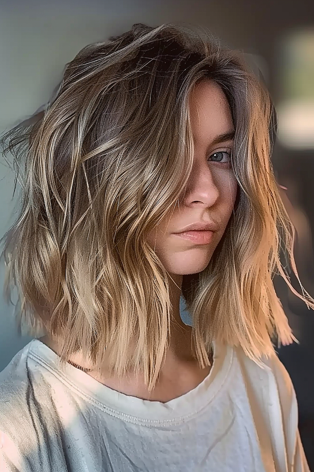 Woman with a choppy shoulder-length layered haircut