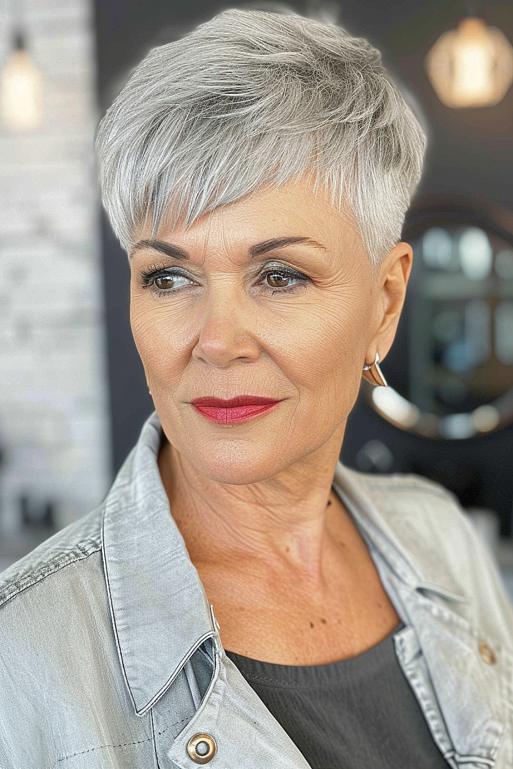 Woman over 60 with a stylish choppy pixie haircut in natural silver tones.