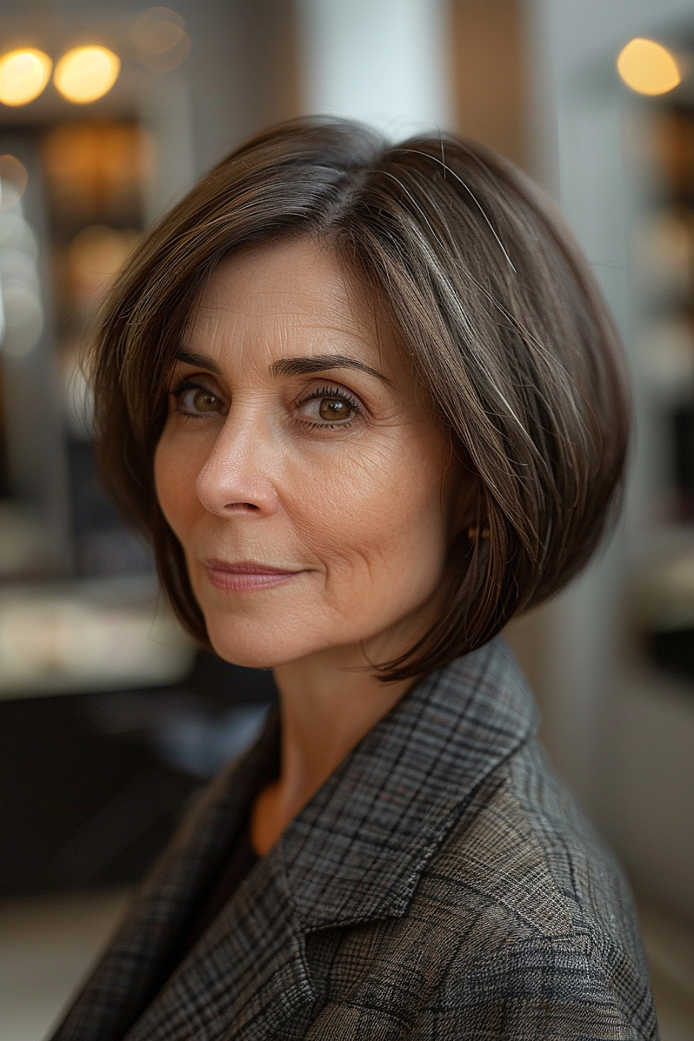 A woman with a layered chocolate brown bob haircut