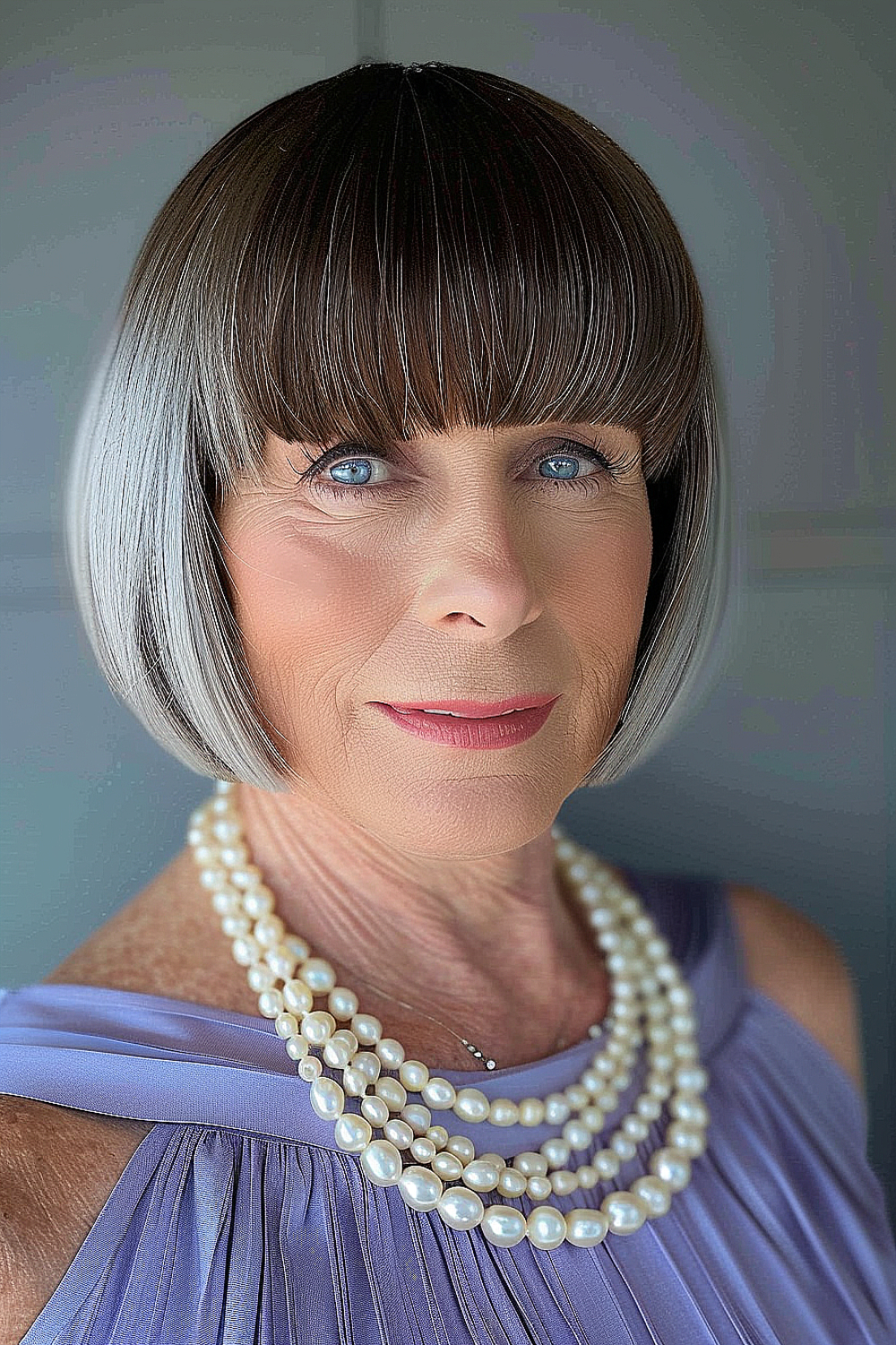 Mature woman with a classic bob and blunt bangs in a dark to silver gradient