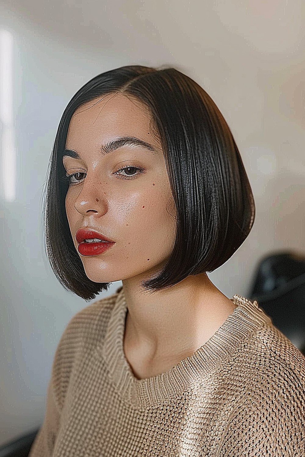 Classic bob with deep side part and sleek, chin-length hair