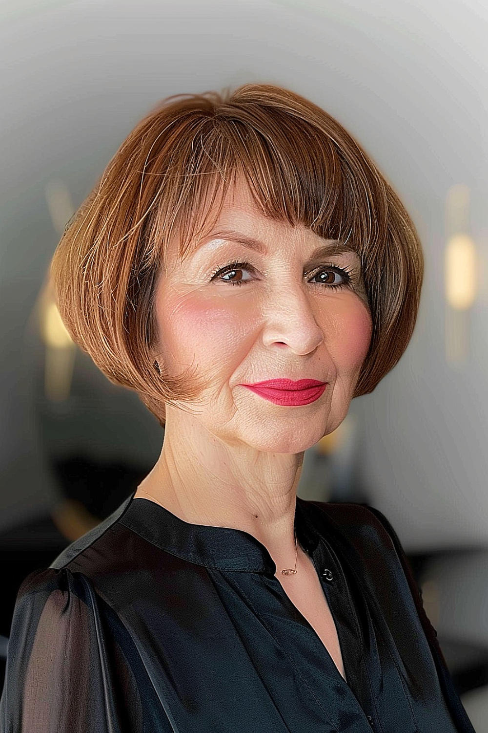 Woman over 70 with a classic bob haircut, modern full bangs, and a rich auburn color