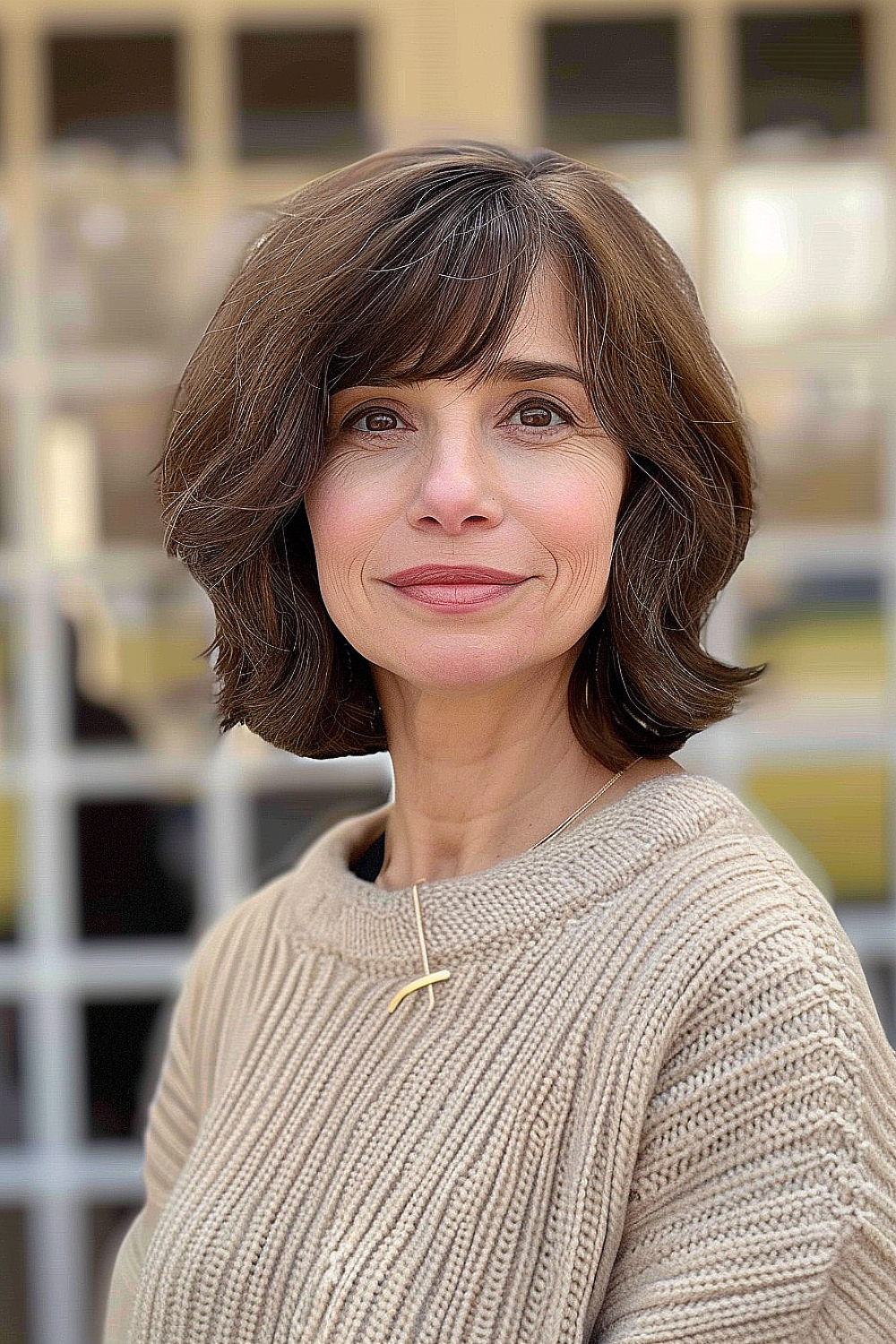 Woman over 60 with a classic bob and side-swept bangs in chocolate brown