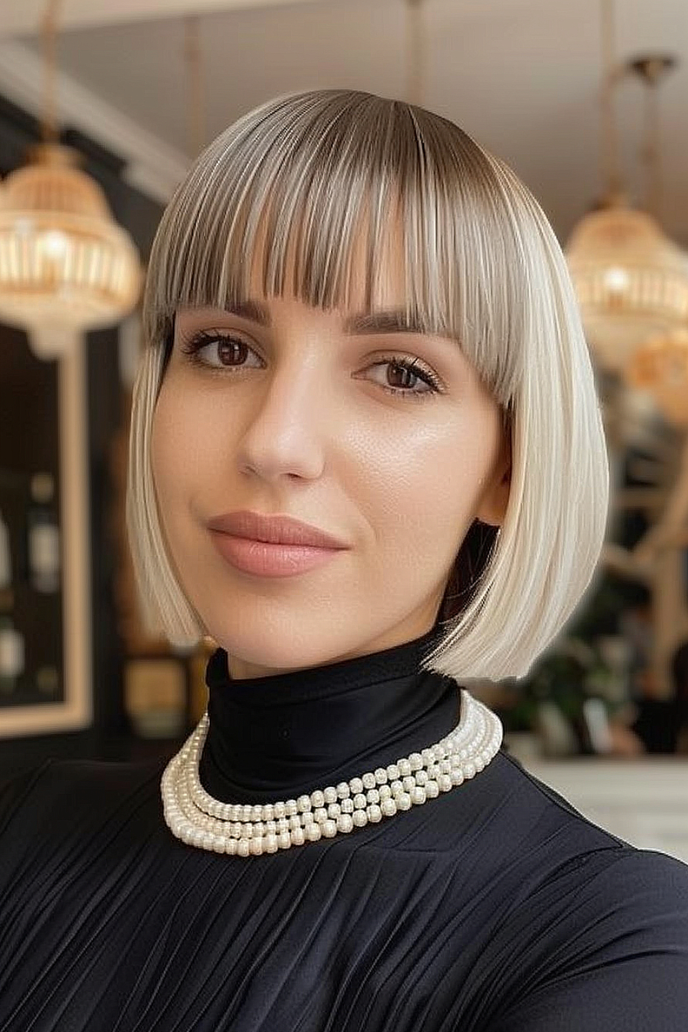 Woman with a sleek bob haircut and straight bangs with a contrasting color transition from brunette to platinum blonde.