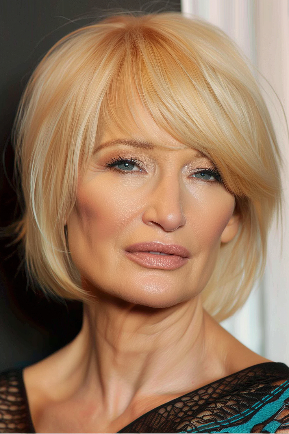 Woman with a classic chin-length golden blonde bob with a feathered fringe