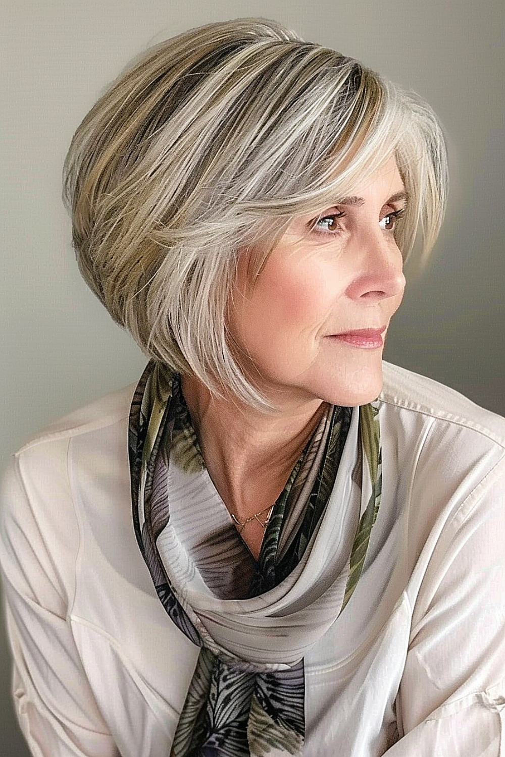 Classic chin-length bob with soft layers and highlights