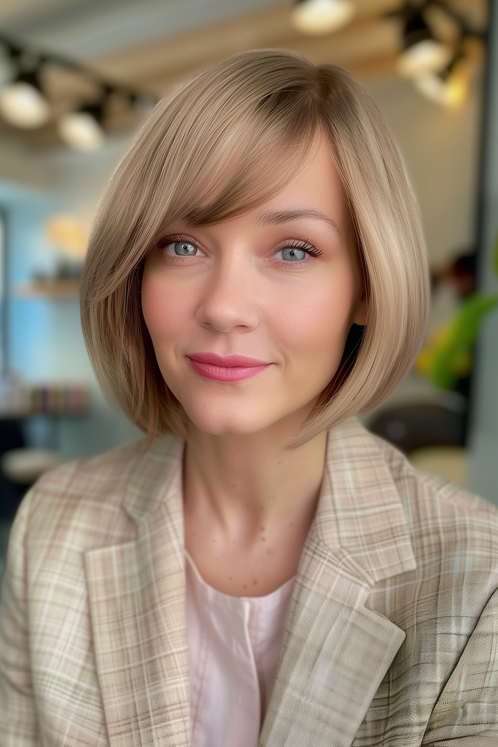 Classic chin-length bob with side-swept bangs