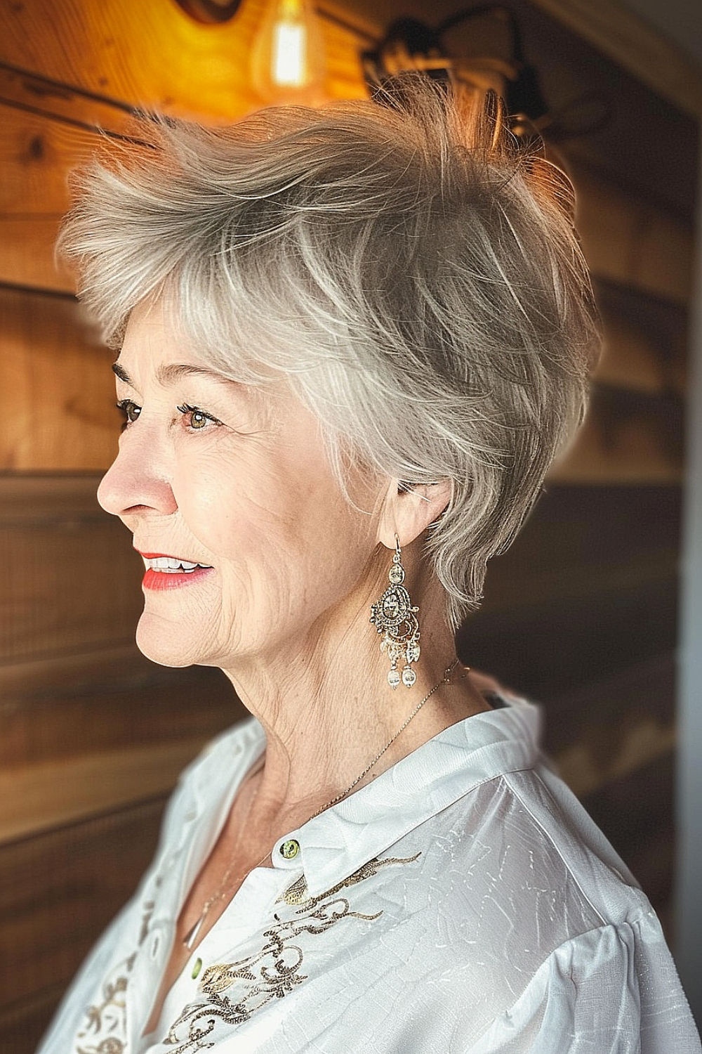 Classic feathered pixie cut with soft layers and side-swept fringe