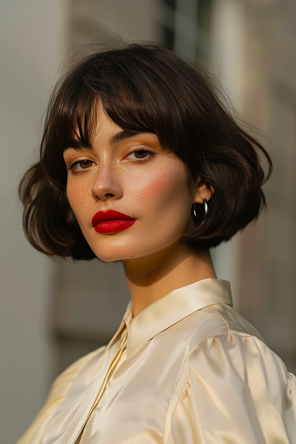 Woman with a chin-length French bob and soft bangs