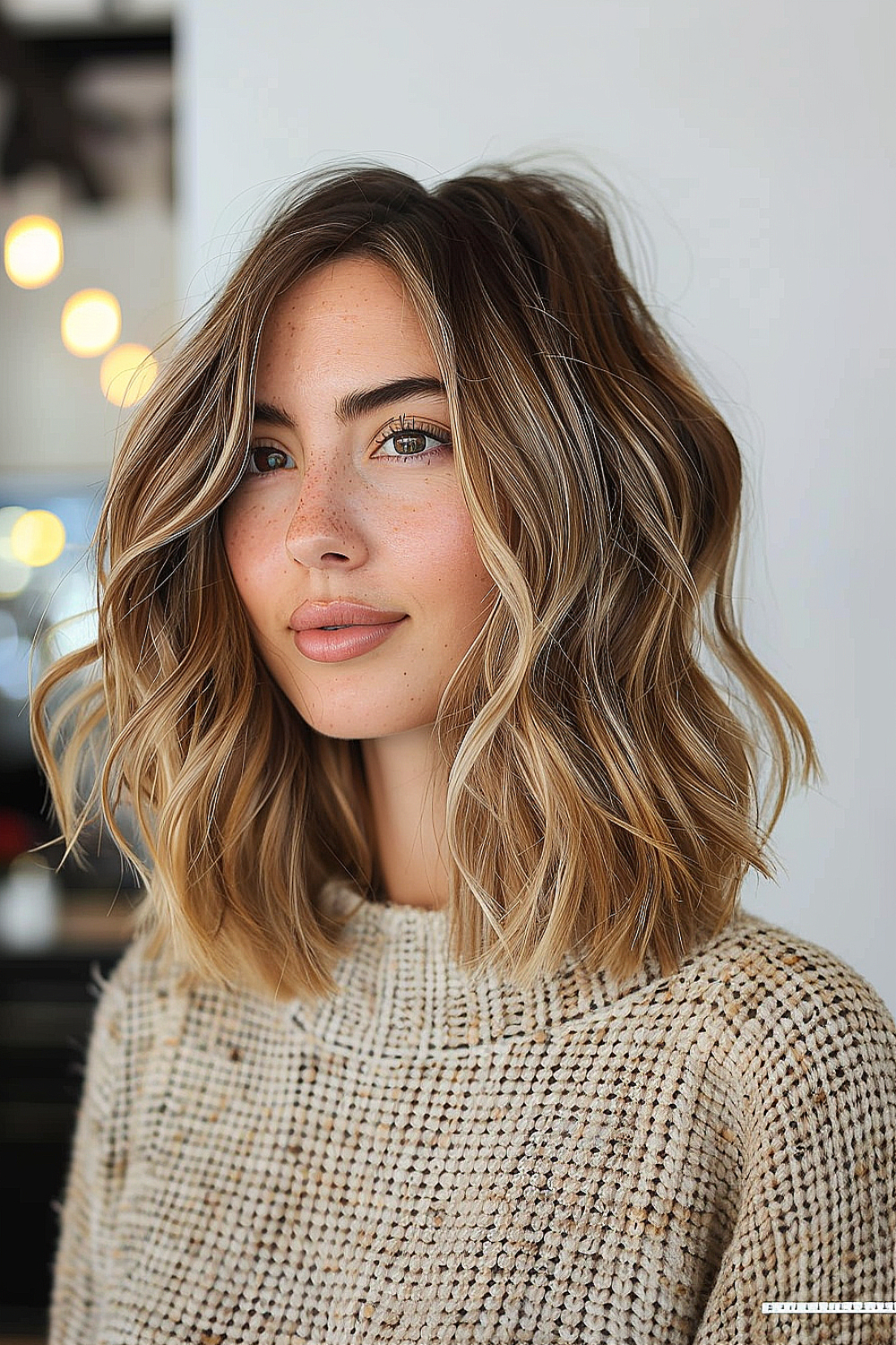 A classic lob haircut enhanced with soft waves and balayage highlights for a beach-inspired look.