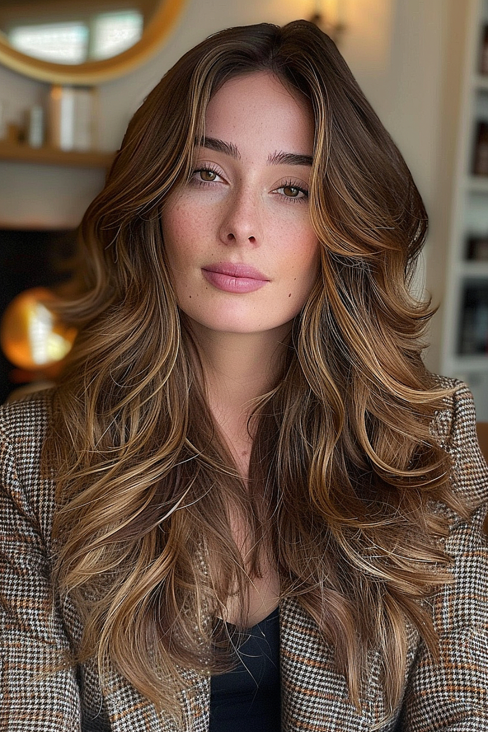 A woman with long layered hair featuring soft feathering and caramel melt highlights