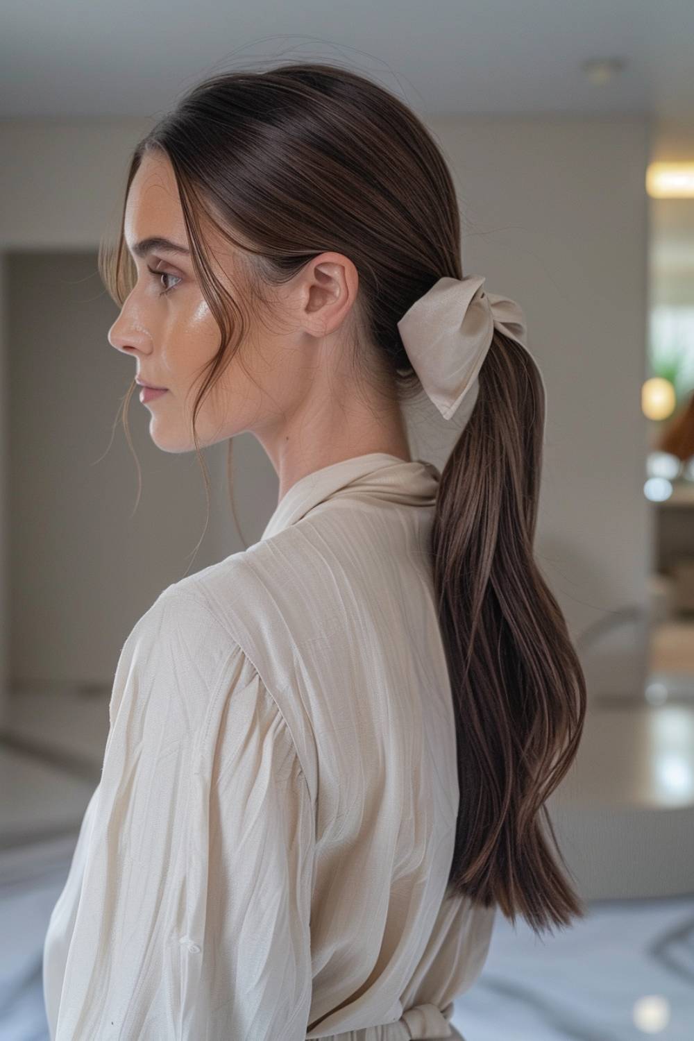 Classic low ponytail with ribbon